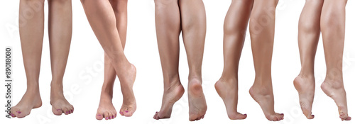Women's bare legs in different poses to the knee. Isolated on white background