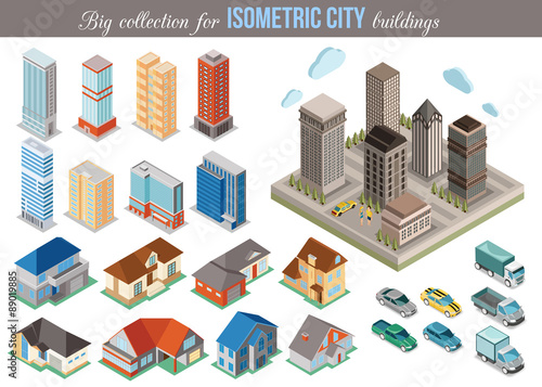 Big collection for isometric city buildings. Set of 3d isometric