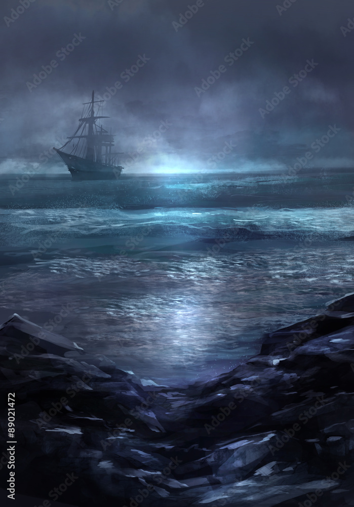 Obraz premium Statek widmo. Ilustracja zimnego ciemnoniebieskiego krajobrazu morskiego i statku-widma płynącego na horyzoncie.