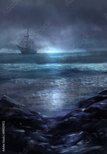 Ghost ship. Illustration of a cold dark blue sea landscape and ghost ship sailing on the horizon.