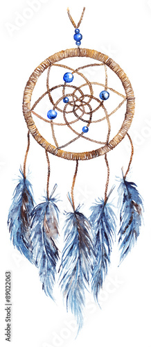 Watercolor ethnic tribal hand made feather dreamcatcher 