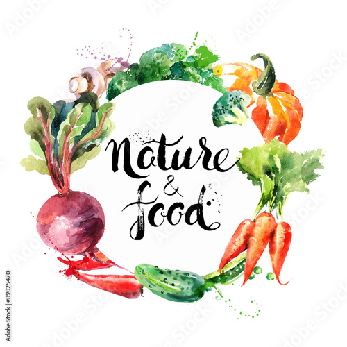 Eco food menu background. Watercolor hand drawn vegetables