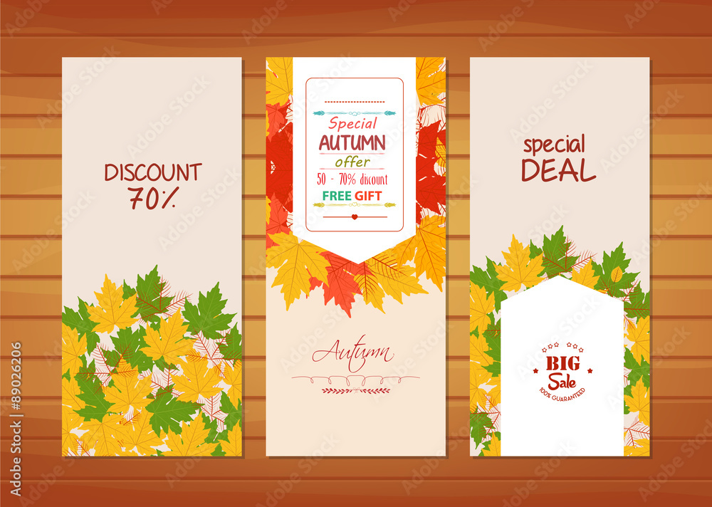 Naklejka premium Three autumn banners with colorful leaves