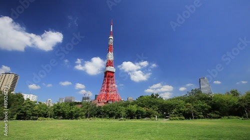 青空を背景に見上げる東京タワー（右パン）