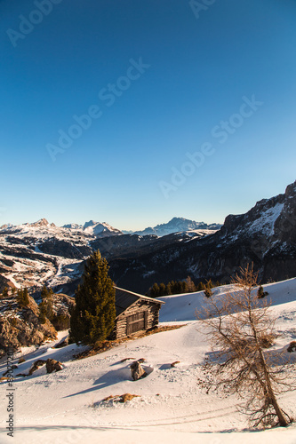 alpine hut in a winter day