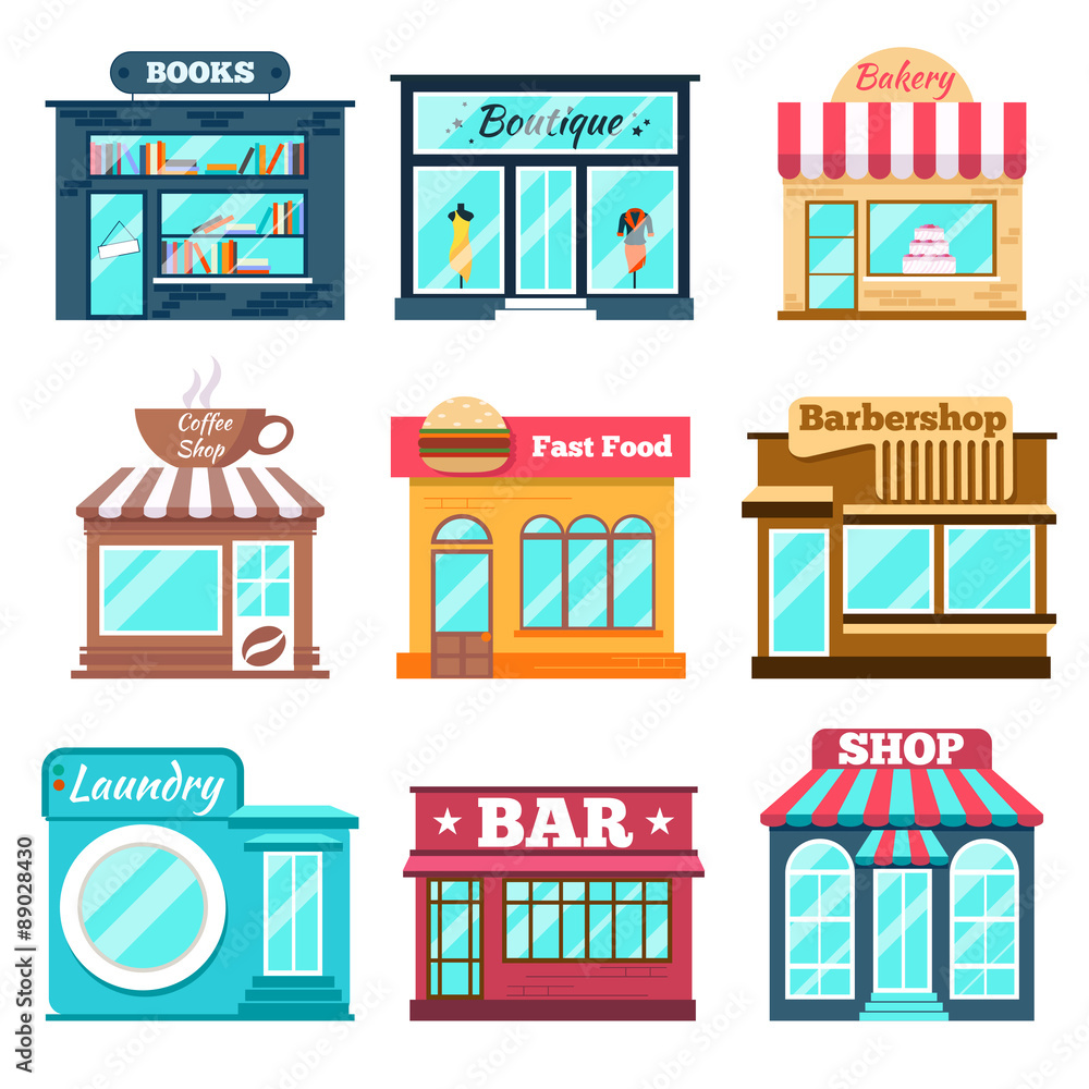 Shops and stores icons set in flat design style