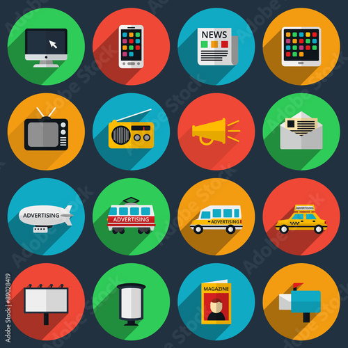 Media and information channels icons with long shadows