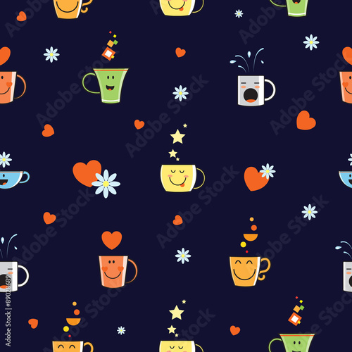 Vector seamless pattern with  cute cartoon cups, anthropomorphous cups with different characters, on a violet background.