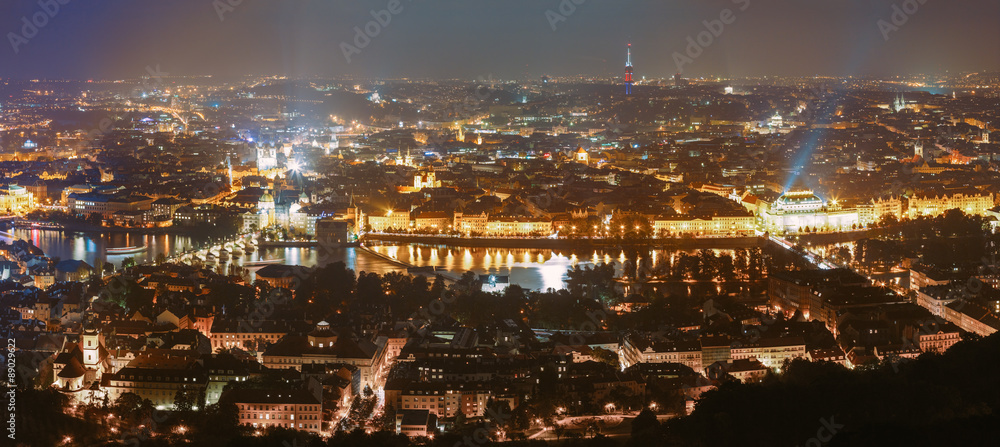 Naklejka premium Night panorama of Prague, Czech Republic. Castle, Charles Bridge