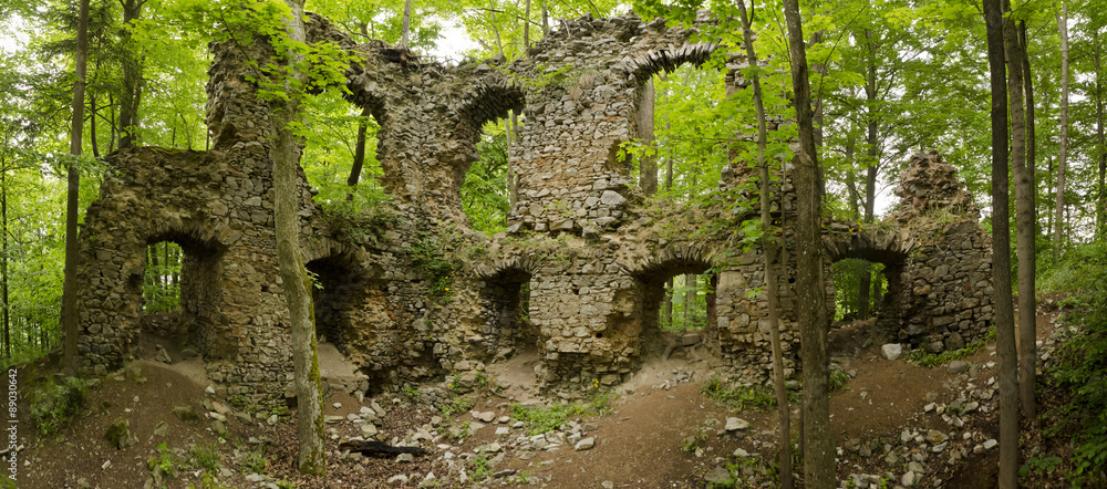 panorama ruins of the castle in the woods panorama ruins of the castle in the woods