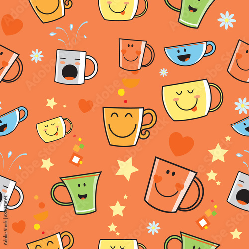 Vector seamless pattern with  cute cartoon cups, anthropomorphous cups with different characters, on a pink  background.