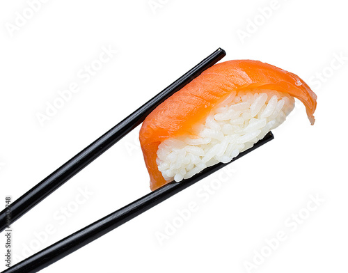 Salmon sushi nigiri in chopsticks isolated on white background