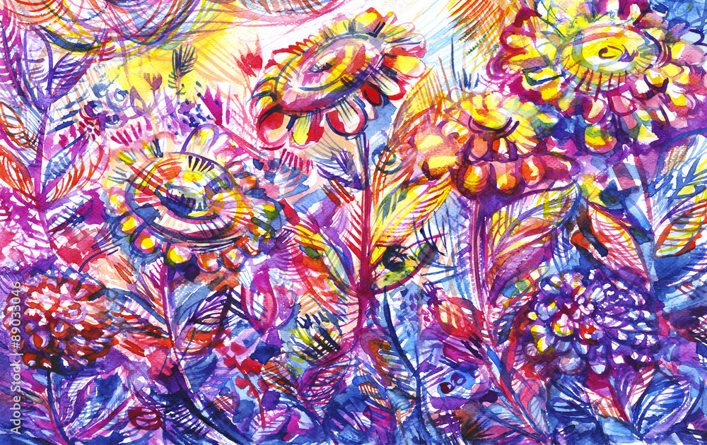 Fototapeta premium overgrown with large purple flowers/ watercolor painting