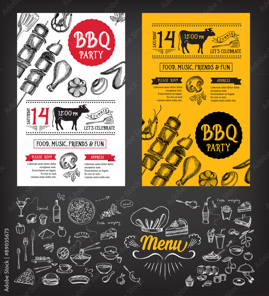 Fototapeta Barbecue party invitation. BBQ template menu design. Food flyer.
