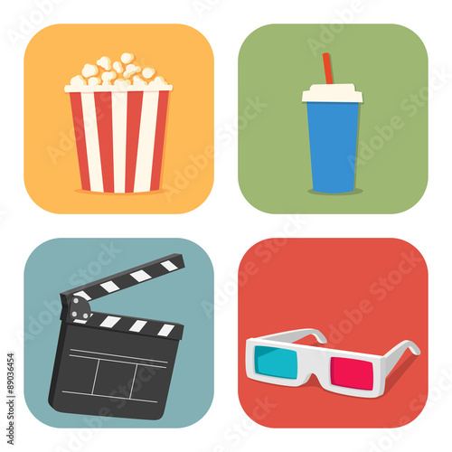 Movie showing with Popcorn, drinks, clapper board and 3D Stereo