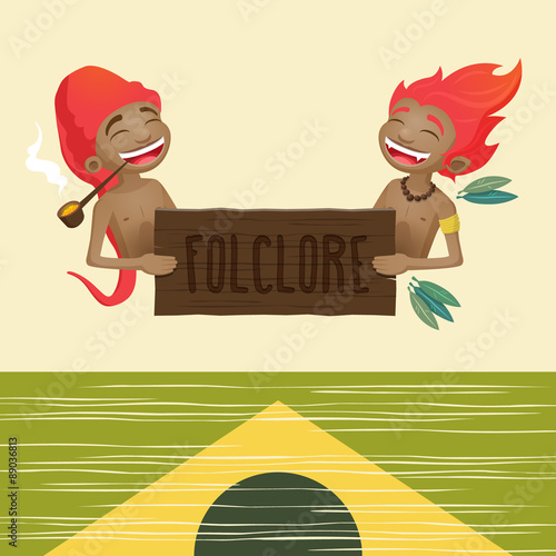 Photo Saci pererê and Curupira - characters of the brazilian folklore holding a wooden