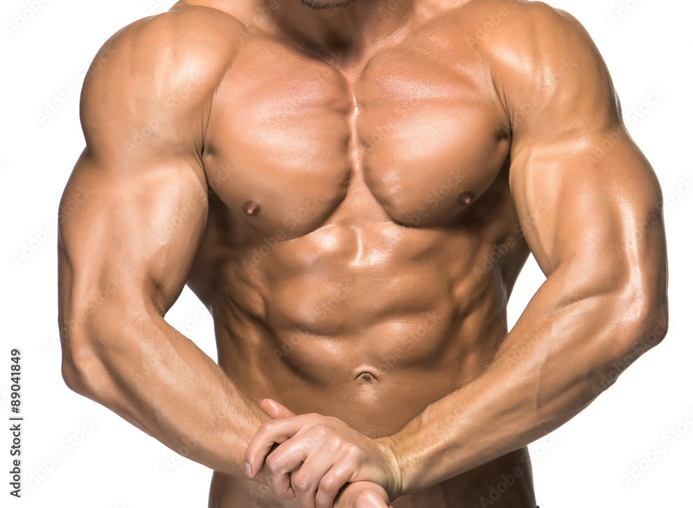 Attractive male body builder on white background