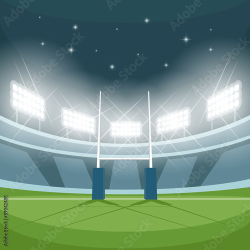 Rugby stadium with lights at night