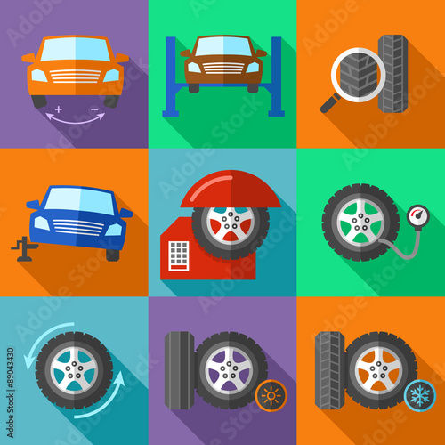 Tire wheel service icons set in flat design style