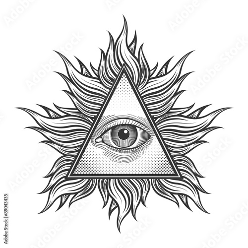All seeing eye pyramid symbol in the engraving tattoo style