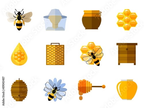Vector honey and bee icons in flat set
