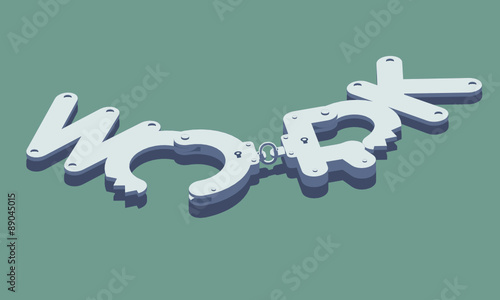 Unlocked handcuffs made of "work" word. Freedom concept illustration. Isolated on green background. Layered file.