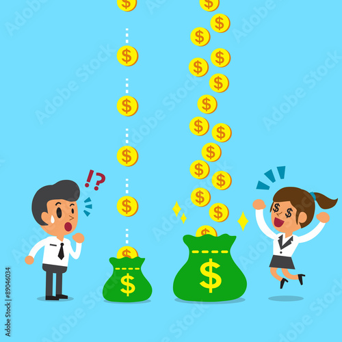 Cartoon businesswoman earns more money than businessman for design.