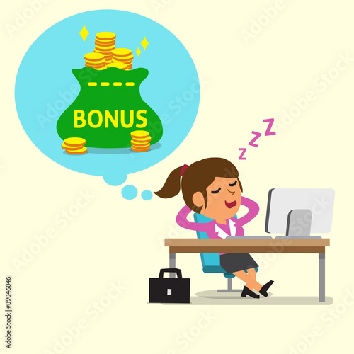 Cartoon businesswoman falling asleep and dreaming about bonus money for design.