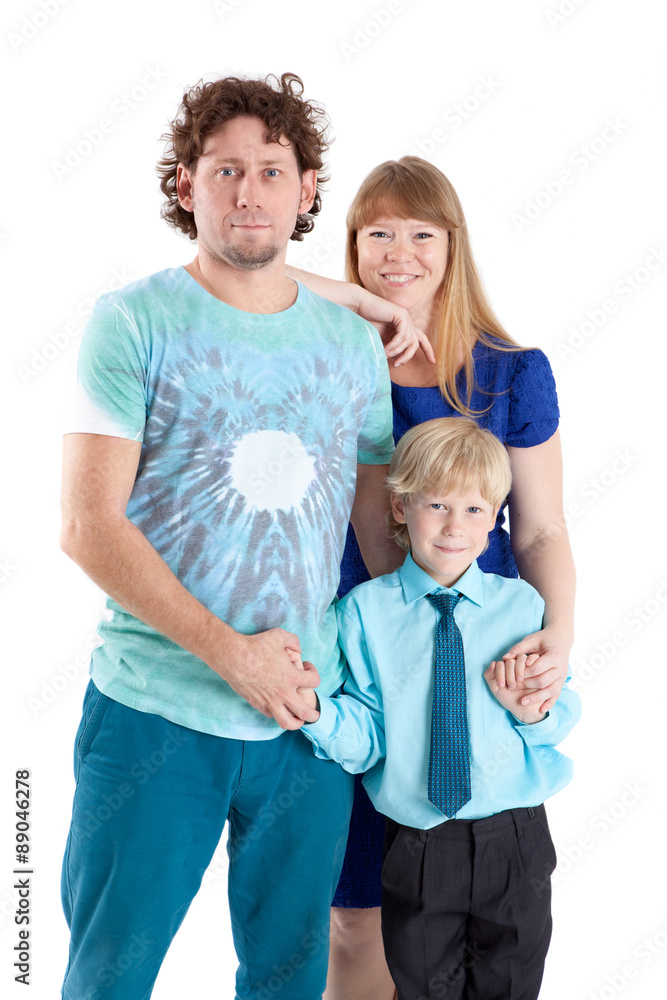 Half-length, three people family with father, mother and son, isolated on white background Half-length, three people family with father, mother and son, isolated on white background