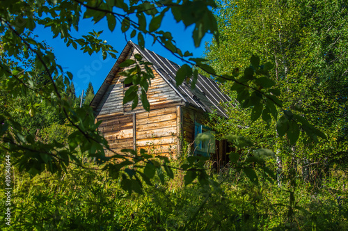деревянный дачный домик с треугольной крышей среди деревьев