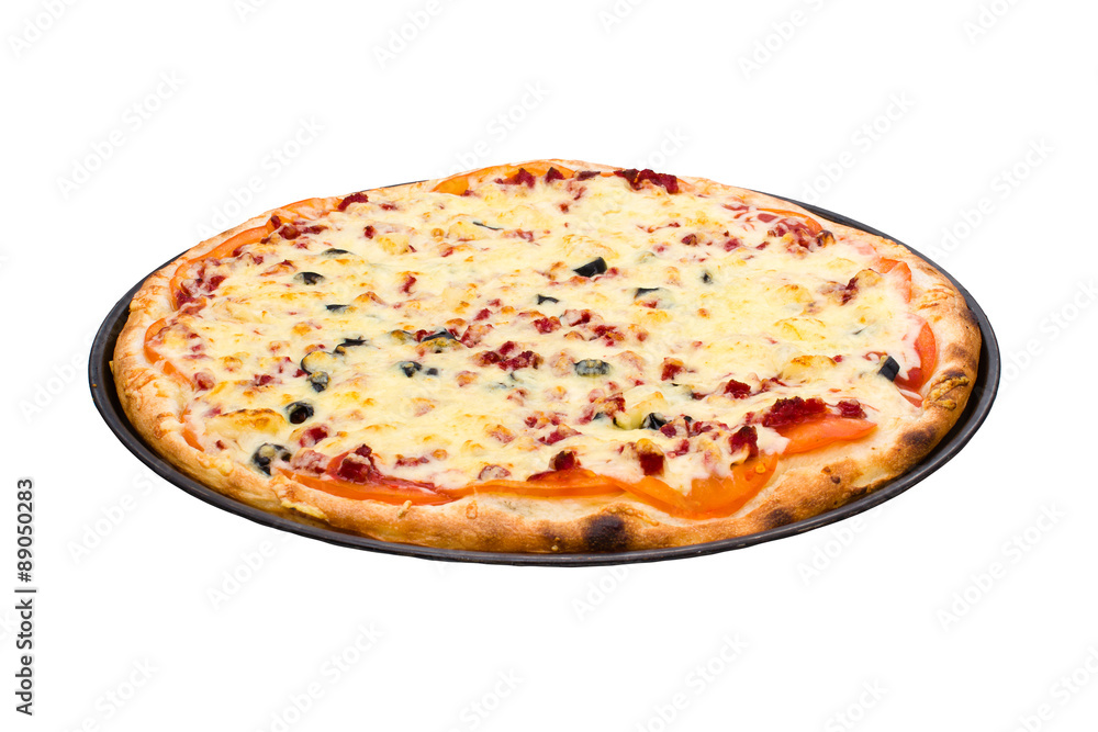 Pizza with cheese and ham isolated on white Pizza with cheese and ham isolated on white