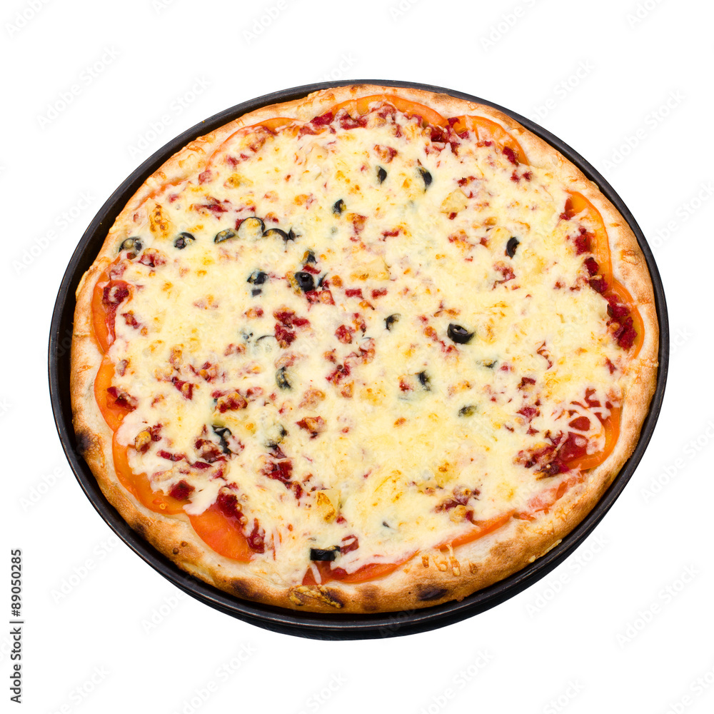 Pizza with cheese and ham isolated on white Pizza with cheese and ham isolated on white