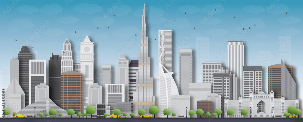 Dubai City skyline detailed silhouette. Vector illustration.