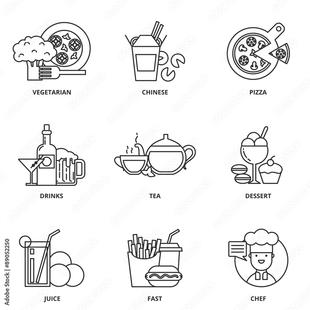 Food and drink vector icons set modern line style Food and drink vector icons set modern line style