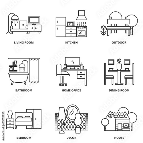 Furniture vector icons set modern line style