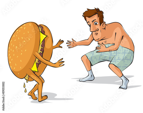 Fat evil man  catches a hamburger