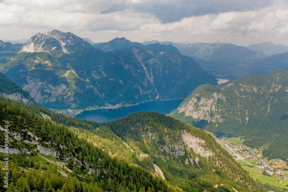 View of Lake Hallstatt from top of the Dachstein mountain 