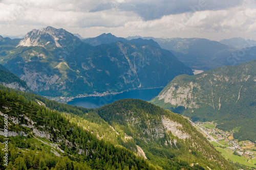 View of Lake Hallstatt from top of the Dachstein mountain 