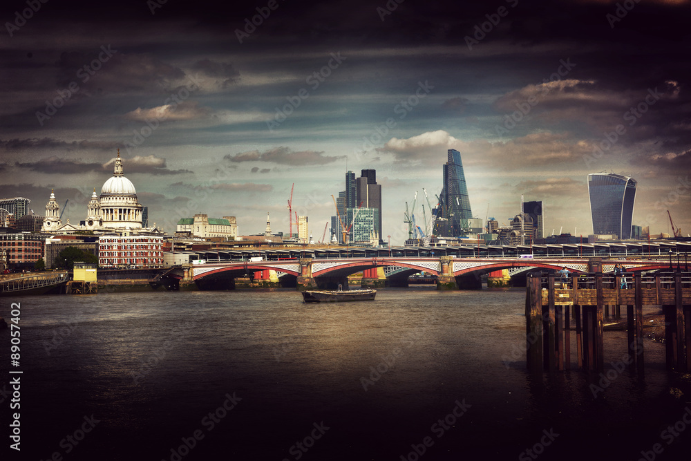 Artistic atmospheric view of London city skyline