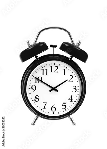 close up of a black bell clock (alarm clock) isolated on white