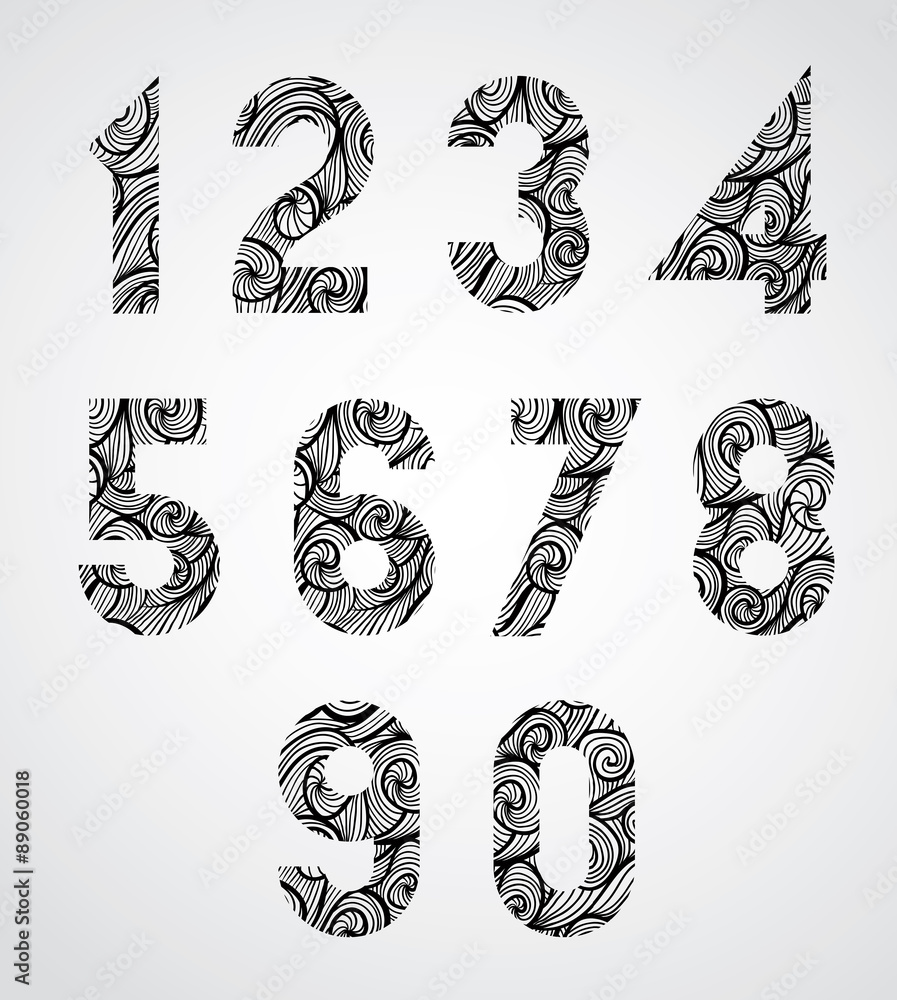 Fototapeta premium Old style numbers with hand drawn curly lines pattern.