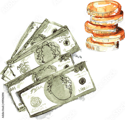 set hand-painted watercolor - dollars five pieces  and a stack o