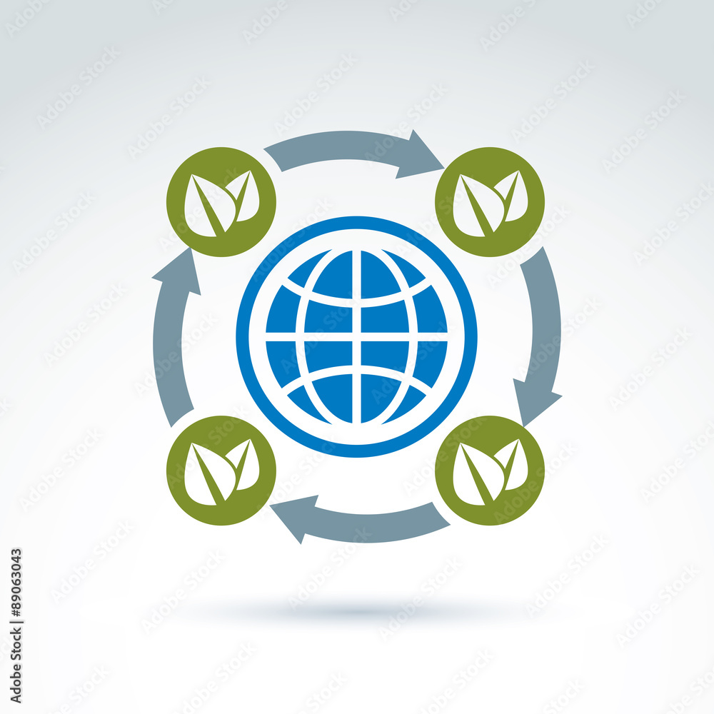 Connected circles with green leaves placed around the planet, co Connected circles with green leaves placed around the planet, co