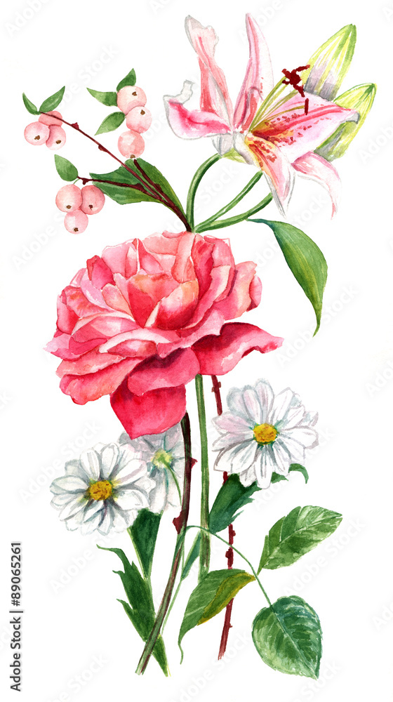 A vintage style watercolour drawing of a bouquet of roses and other flowers