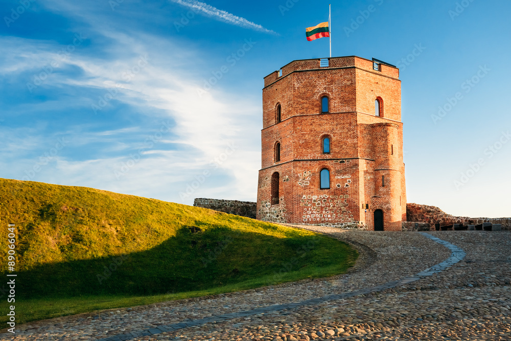 Tower Of Gediminas - Gedimino - In Vilnius, Lithuania.  - obrazy, fototapety, plakaty 