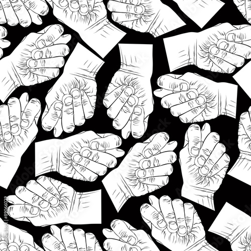Fig fico hands seamless pattern, black and white vector backgrou