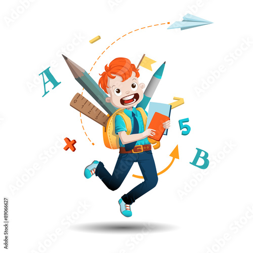 Cheerful boy student with a backpack with school supplies and pa