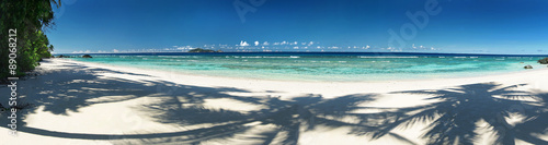 Beautiful tropical sandy beach with shadows of the coconut palm trees. Panorama 