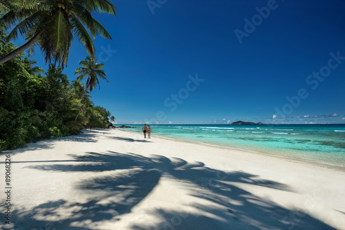 Fototapeta Naklejka Na Ścianę i Meble -  Tropical sandy beach with a shadow of the coconut palm trees