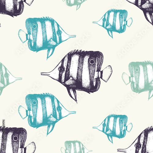 Vector seamless pattern with hand drawn small fish.